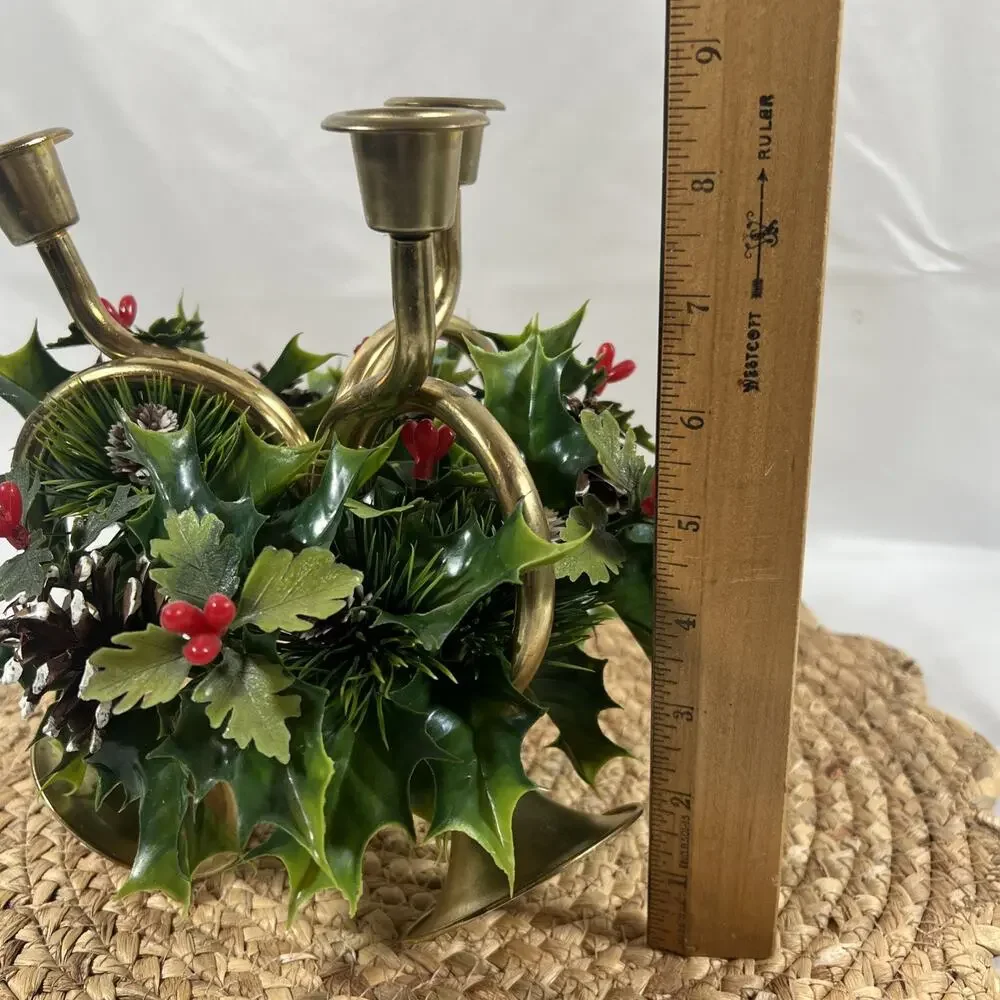 Vintage Brass Horn Trio w/ Candle Ring Holly Christmas for Taper Candlesticks